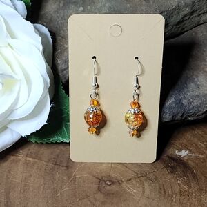 Hand Crafted Dangle Earrings With Orange & Yellow Crackled Glass Beads